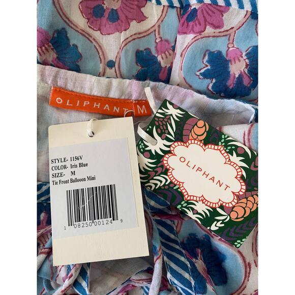 Oliphant Tie Front Balloon Mini Dress Iris Blue Medium Floral Print Long Sleeve - Picture 5 of 5